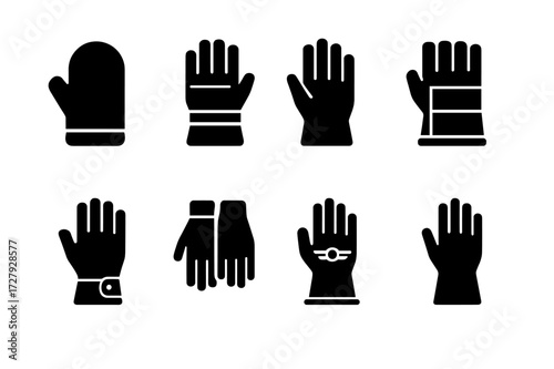 Professional Gloves Icons. Solid, filled icon set of gloves in professions: chef gloves, firefighter gloves, surgeon gloves, construction gloves, mechanic