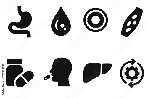 Vitamin E Icons. Solid, filled icon set of vitamin E absorption: digestive system, oil droplet, cell membrane, blood vessel, supplement intake, capsule