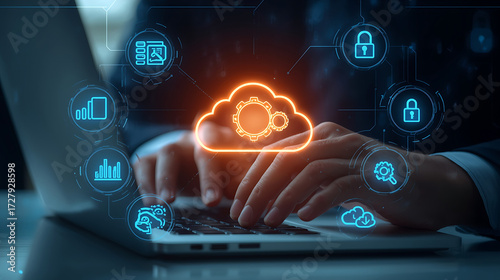 The futuristic laptop keyboard features digital interface icons showcasing modern business technology, digital transformation, cybersecurity, cloud computing, data storage, security, analytics, and te