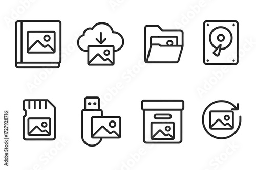 Photo Storage Icons. Outline icon set of photo storage: photo album, cloud storage, hard drive, folder, memory card, USB drive, archive box, backup. Line icons