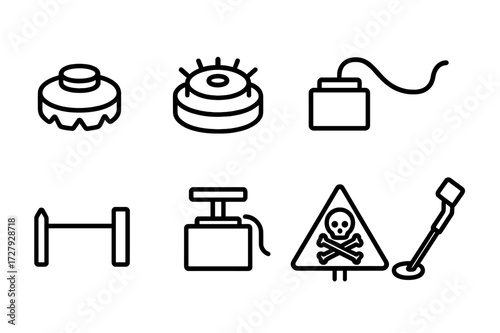 Mine Icon Set. Outline icon set of mine: landmine, anti-personnel mine, anti-tank mine, explosive charge, tripwire, detonator, minefield warning sign, mine