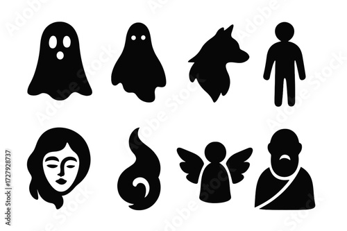 Spirit World Icons. Solid, filled icon set of spirit world entities: ghost, apparition, spirit animal, shadow figure, ethereal face, wisp, guardian spirit,