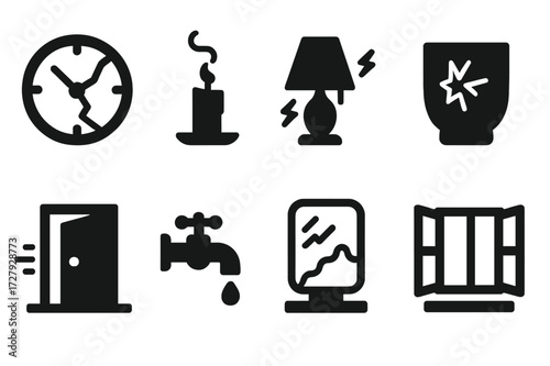 Household Omens Icons. Solid, filled icon set of household omens: broken clock, extinguished candle, flickering lamp, shattered glass, creaking door, dripping