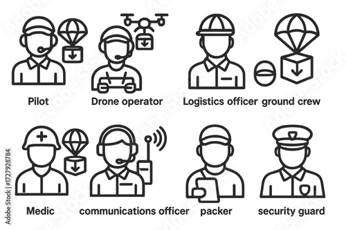 Supply Personnel Icons. Outline icon set of supply drop personnel roles: pilot, drone operator, logistics officer, ground crew, medic, communications officer,