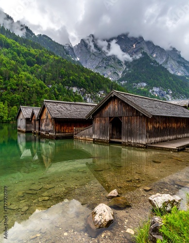 Lakeside wooden houses reflected in clear water, dramatic mountain backdrop
