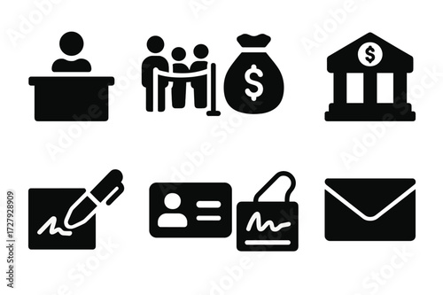 Bank Deposit Icons. Solid, filled icon set of physical bank deposit: teller counter, queue icon, deposit bag, bank branch icon, pen and form, ID verification,