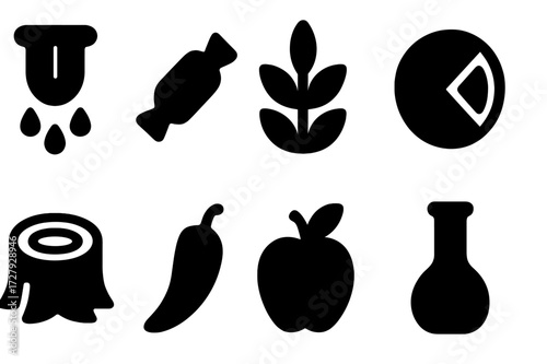 Negroni Flavor Icons. Solid, filled icon set of negroni flavor profile: bitter, sweet, herbal, citrus, woody, spicy, fruity, aromatic. Solid, filled icons in