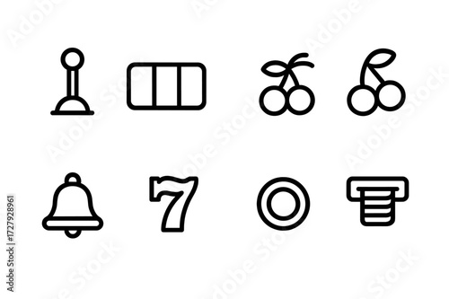 Slot Machine Icons. Outline icon set of slot machine: lever, reels, jackpot, cherries, bell, seven, coin, payout. Line icons in only black color, consistent
