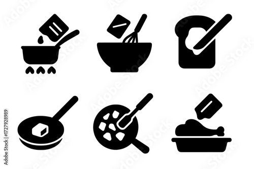 Butter Uses Icons. Solid, filled icon set of butter uses: cooking, baking, spreading, frying, sauteing, glazing, roasting, greasing pan. Solid, filled icons in
