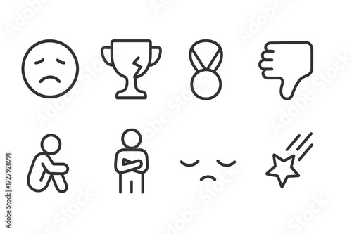 Loser Concept Icons. Outline icon set of loser concept: sad face, broken trophy, empty medal, thumbs down, defeated figure, crossed arms, downcast eyes,