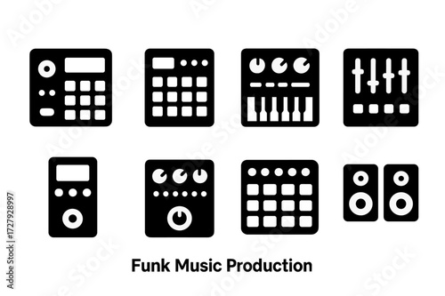 Funk Music Icon Set. Solid, filled icon set of funk music production: drum machine, sampler, synthesizer, mixing board, loop pedal, effects