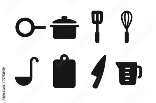 Cooking Utensil Icons. Solid, filled icon set of cooking utensils: frying pan, saucepan, spatula, whisk, ladle, cutting board, chef knife, measuring cup. [Line