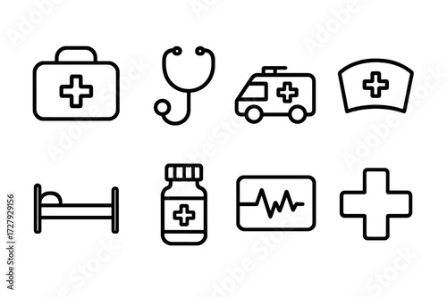 Medical Icon Set. Outline icon set of medical support: first aid kit, stethoscope, ambulance, nurse cap, hospital bed, pill bottle, heart monitor, medical
