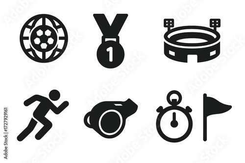 Global Sports Icons. Solid, filled icon set of global sports: globe with soccer ball, medal, trophy, stadium, athlete silhouette, whistle, stopwatch, sports