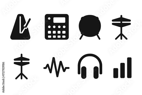 Beat Elements Icons. Solid, filled icon set of beat elements: metronome, drum machine, bass drum, snare drum, hi-hat cymbal, waveform, headphones, equalizer.