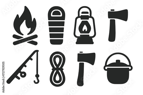 Wild Camping Essentials. Solid, filled icon set of wild camping gear: campfire, sleeping bag, lantern, axe, fishing rod, rope, hatchet, cooking pot. [Line