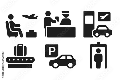 Private Jet Icons. Solid, filled icon set of private jet airport facilities: VIP lounge, customs, check-in counter, boarding gate, baggage claim, parking lot,