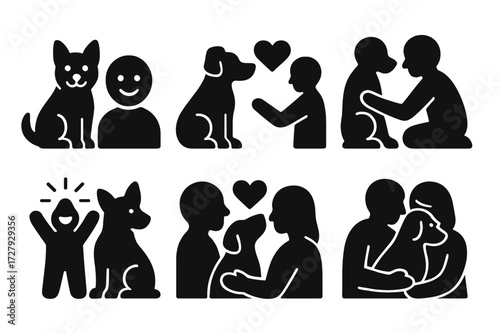 Companion Emotion Icons. Solid, filled icon set of companion emotions: happiness, trust, loyalty, comfort, protection, joy, affection, empathy. [Solid, filled