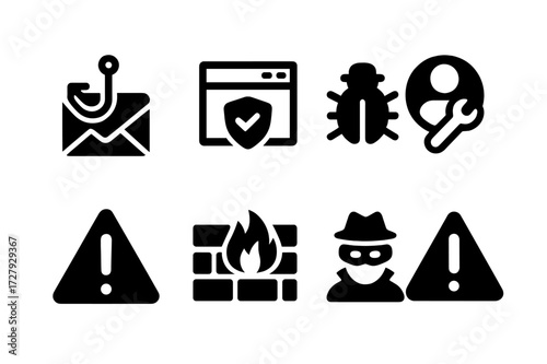 Online Fraud Icons. Solid, filled icon set of online fraud: phishing email, fake website, malware virus, hacked profile, red alert, broken firewall, masked