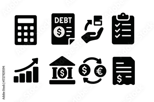 Financial Icon Grid. Solid, filled icon set of financial restructuring: calculator, debt document, loan adjustment, payment plan, profit chart, bank building,