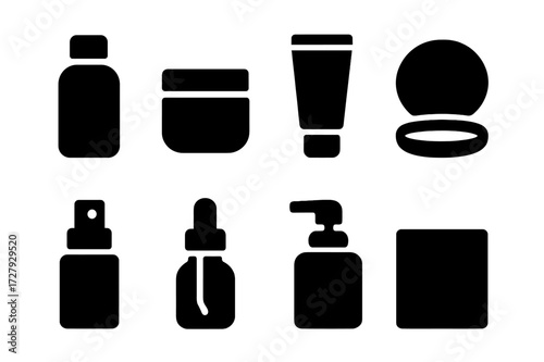 Beauty Packaging Icons. Solid, filled icon set of beauty products packaging: bottle, jar, tube, compact case, spray, dropper, pump, box. Solid, filled icons in