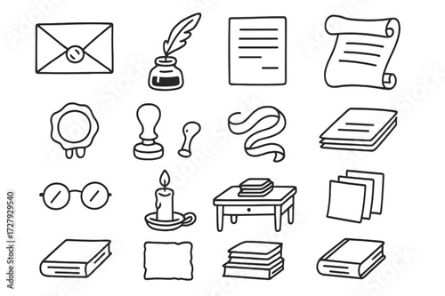 Vintage Desk Essentials. Hand-drawn doodle illustration Vintage correspondence envelope, quill, ink bottle, letter, scroll, wax seal, stamp, ribbon, paper,