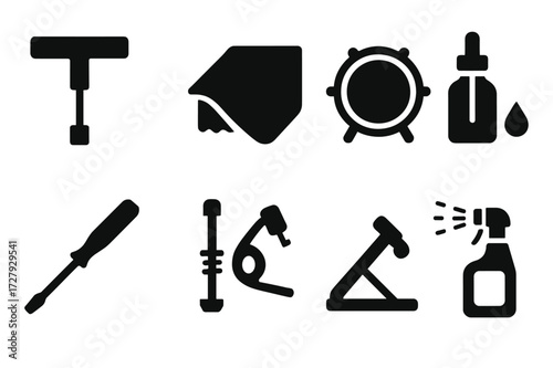 Bass Drum Icon Set. Solid, filled icon set of bass drum maintenance: tuning key, cleaning cloth, replacement drumhead, lubricating oil, screwdriver, drum lug