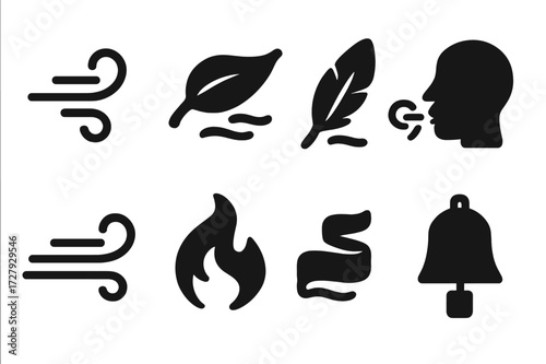 Whispering Wind Icons. Solid, filled icon set of whispering wind: gust swirl, drifting leaf, feather in breeze, blowing face, curved air stream, dancing flame,