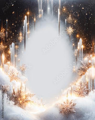 Dreamy winter scene with snow-covered trees, sparkling lights, falling glitter, and glowing atmosphere. Perfect for Christmas and New Year greeting cards, holiday posters, invitations, banners