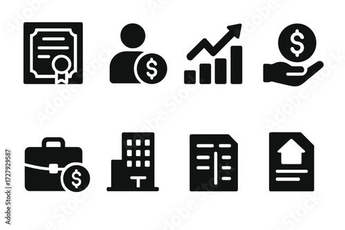 Equity Concepts Icons. Solid, filled icon set of equity concepts: stock certificate, shareholder, rising graph, dividend payout, equity portfolio, company