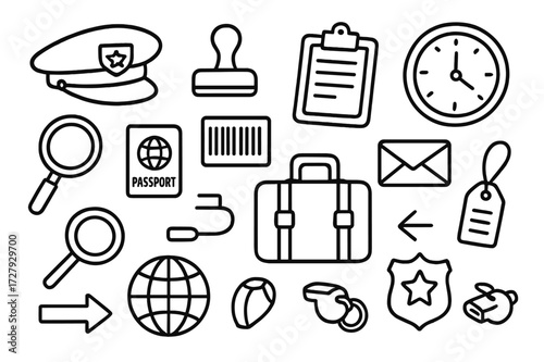 Customs Officer Essentials. Hand-drawn doodle illustration Customs officer tools officer hat, stamp, clipboard, magnifying glass, passport, barcode, document,