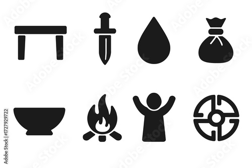 Ritual Sacrifice Icons. Solid, filled icon set of ritual sacrifice: altar table, sacrificial dagger, blood drop, tied offering, ceremonial bowl, fire pit,