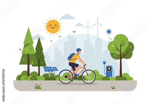 A Tourist Biking on a Dedicated Lane in a City Full of Greenery