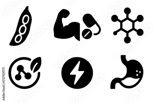 Bean Pod Nutrients. Solid, filled icon set of bean pod nutrition: protein, fiber, vitamins, minerals, antioxidants, energy, heart health, digestion. [Line