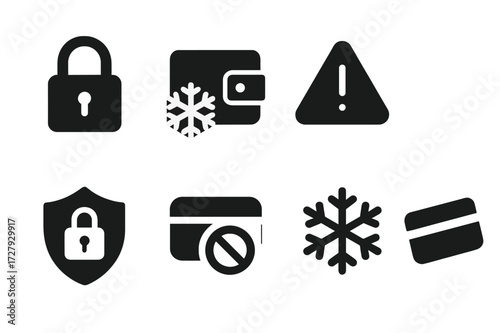 Credit Freeze Icons. Solid, filled icon set of credit freeze status: padlock icon, frozen wallet, alert warning, stopped payment, security shield, blocked