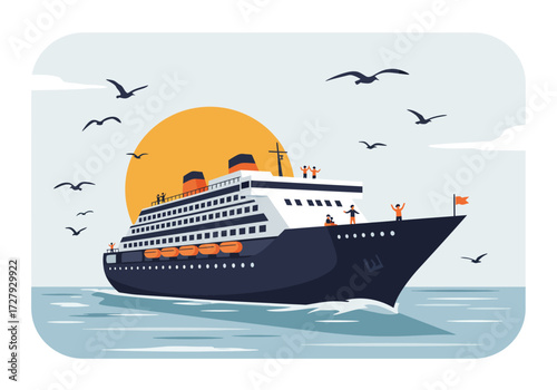 A Large Cruise Ship on the Sea at Sunset with Seagulls