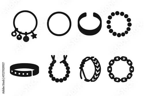 Bracelet Icon Collection. Solid, filled icon set of bracelet types: charm bracelet, bangle, cuff bracelet, beaded bracelet, leather bracelet, tennis bracelet,