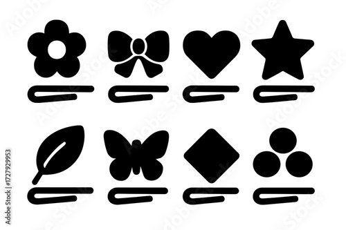 Black Hairpin Icons. Solid, filled icon set of hairpin decorative elements: flower, bow, star, heart, leaf, butterfly, geometric shapes, pearl cluster. Solid,