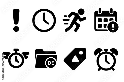 Task Urgency Icons. Solid, filled icon set of task urgency: exclamation mark, ticking clock, rushing person, calendar alert, stopwatch with wings, deadline