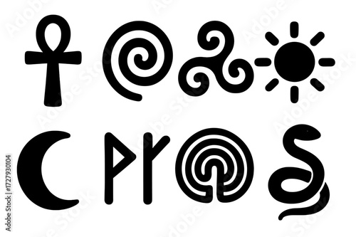 Ancient Symbol Icons. Solid, filled icon set of ancient symbols: ankh, spiral, triskelion, sun disk, moon crescent, runes, labyrinth, serpent. [Solid, filled