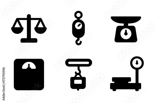Scale Icon Collection. Solid, filled icon set of scale measurement tools: balance scale, digital scale, spring scale, kitchen scale, bathroom scale, luggage
