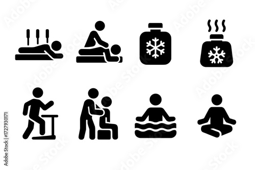 Anti-Inflammatory Therapy Icons. Solid, filled icon set of anti-inflammatory therapy methods: acupuncture, massage, cold compress, hot compress, physical
