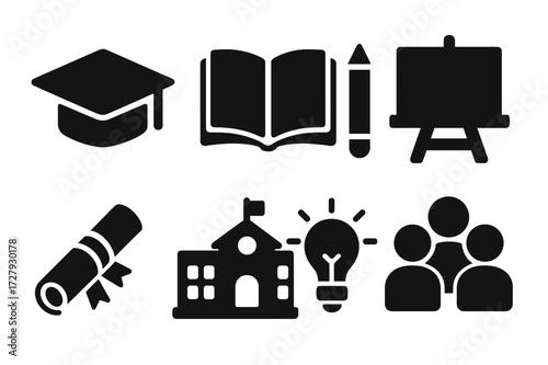 Educational Icon Set. Solid, filled icon set of educational initiatives: graduation cap, open book, chalkboard, pencil, diploma, school building, lightbulb
