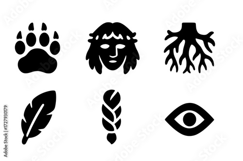 Forest Matriarch Icons. Solid, filled icon set of forest matriarch: bear paw, tree spirit face, mossy crown, sacred root, owl feather, wild braid, ancient eye,