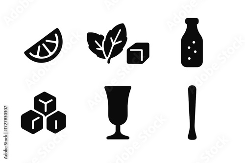 Mojito Ingredient Icons. Solid, filled icon set of mojito ingredients: lime wedge, mint leaves, sugar cube, soda water, white rum, ice cubes, cocktail glass,