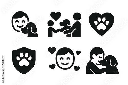 Companion Emotion Icons. Solid, filled icon set of companion emotions: happiness, trust, loyalty, comfort, protection, joy, affection, empathy. [Solid, filled