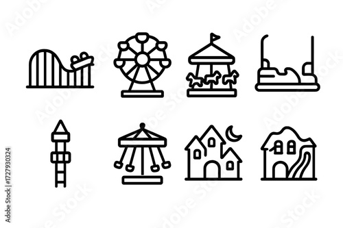 Thrill Ride Icons. Outline icon set of thrill rides: roller coaster, ferris wheel, carousel, bumper cars, drop tower, swing ride, haunted house, fun house.