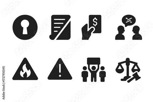 Regulatory Challenge Icons. Solid, filled icon set of regulatory challenges: loophole, violation, penalty, dispute, risk, warning, protest, legal battle.