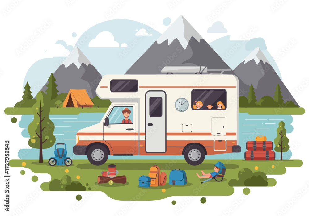 Obraz premium Family Road Trip with an RV in Nature