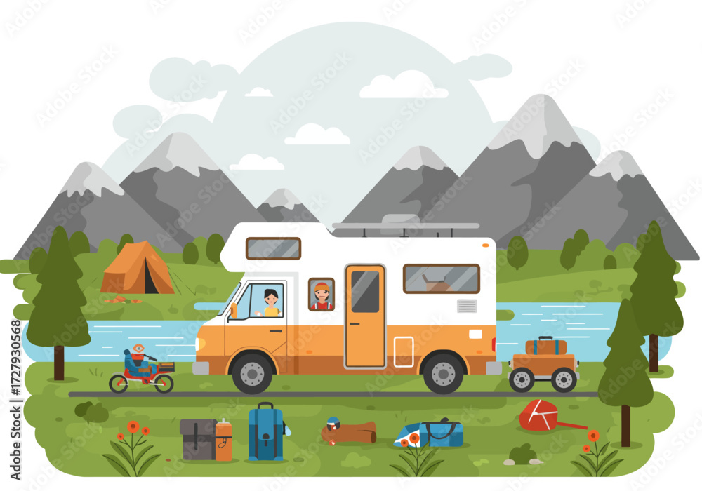 Obraz premium RV Journey with Relaxing Activities near a Lake
